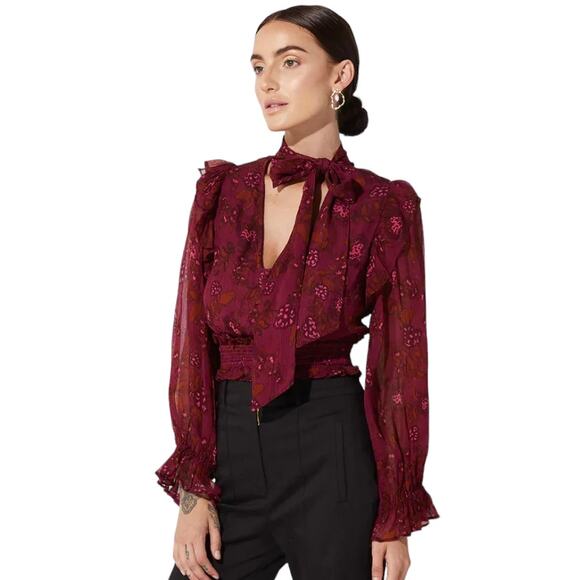 Cleobella Tops - Cleobella Olivia Purple Botanical Floral Print Tie Neck Top